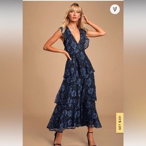 Lulus, Molinetto Navy Blue Lace Ruffled Tiered Sleeveless Maxi Dress xs